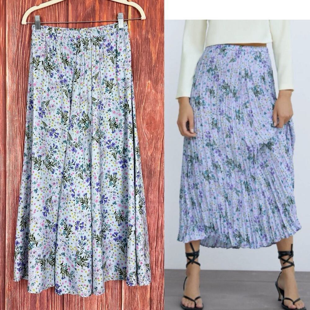 Zara Midi Skirt Floral Blue Elastic Waist Dainty Coquette Womens Size XS